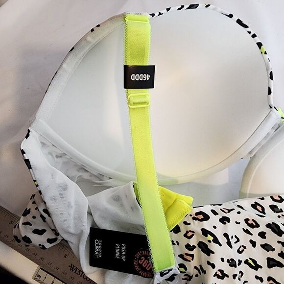 46DDD Torrid White Leopard Neon Yellow Bra Push Up Plunge Back Smoothing Underwi - Picture 8 of 10